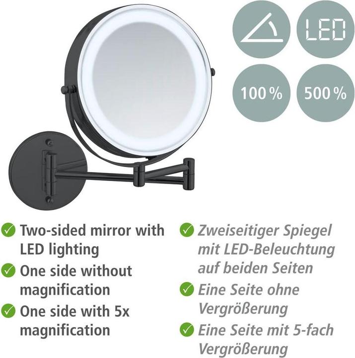 Productafbeelding Wenko Power-Loc® LED Wandspiegel Mod. Lumi Schwarz mit 5-fach Vergrösserung