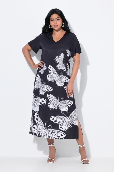 Image du produit Ulla Popken Robe midi fluide, motif papillons, décolleté en V et manches courtes (42, 44)