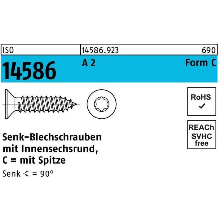 Reyher, Schrauben, Senkblechschraube ISO 14586 m.Innensechsrund/Spitze 6,3 x 16 -C T30 A 2 (500 Schrauben pro Stück)