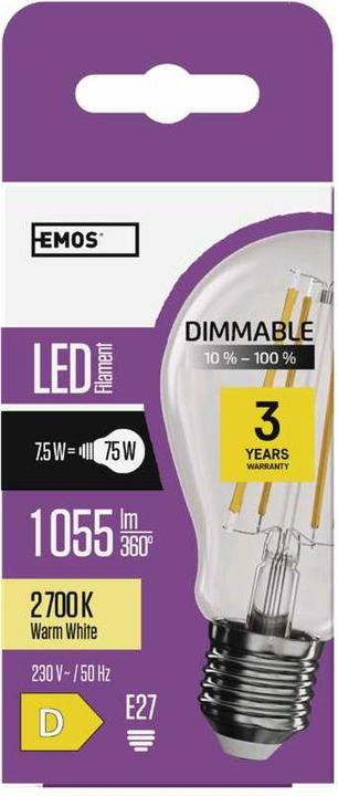 Produktbild Emos LED Lampe Filament A60 / E27 / 7,5 W (75 W) / 1 055 lm / Warmweiss / dimmbar (E27, 75 W, 1055 lm, 1 x, D)