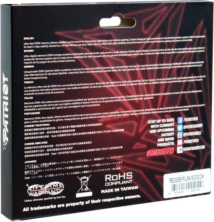 Actual product image Patriot 16 GB DDR4 RAM PC3200 CL16 Viper LED white 2x8GB (2 x 8GB, 2133 MHz, DDR4-RAM, DIMM)