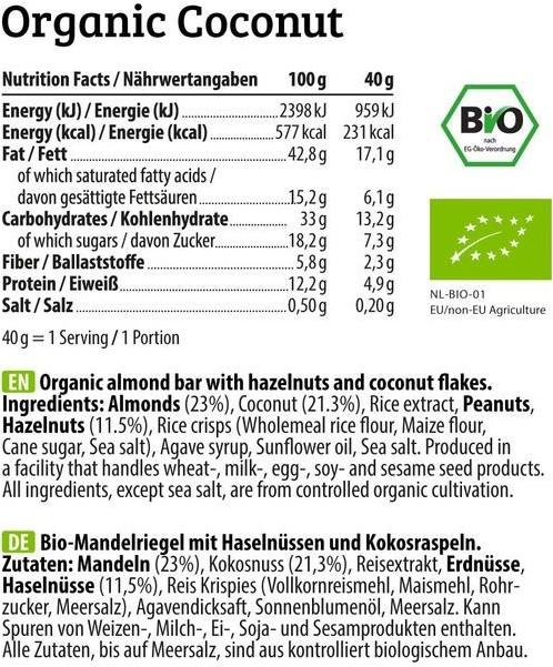 Nutritional values and ingredients HEJ Nutrition Bite (Almonds & Sea Salt, 1 pcs., 40 g)