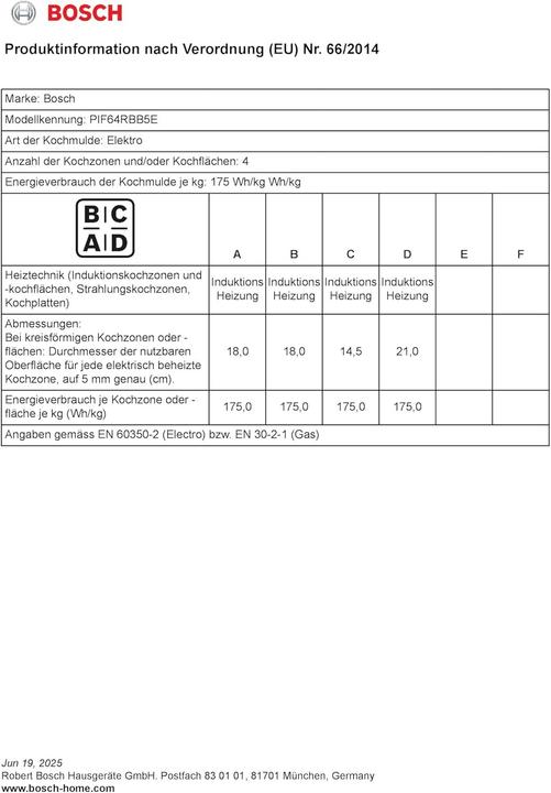 Valori nutrizionali e ingredienti Bosch Hausgeräte PIF64RBB5E (58.30 cm, Piano cottura a induzione)