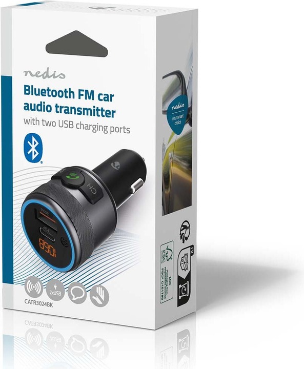 Actual product image Nedis Car Audio FM Transmitter - Fixed - Hands-free - 1" - Amber Screen - Bluetooth - PD 18 W/PD 2