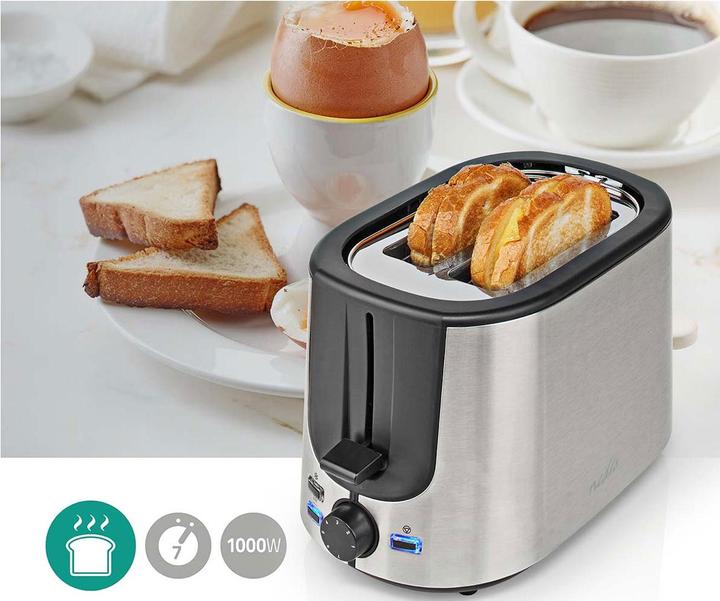 Produktbild Nedis Toaster Edelstahl Serie 2 Steckplätze Bräunungsstufen: 7 Auftaufunktion Brötchenaufsatz Alumin