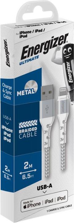 Actual product image Energizer Metal / braided nylon cable - Lightning - 2m, white (2 m, USB 3.2 Gen 1)