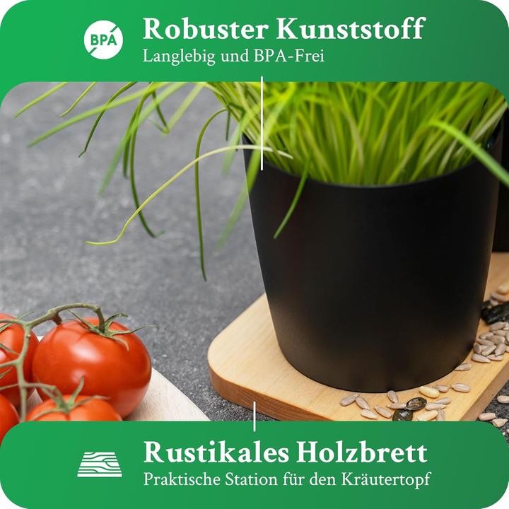 Produktbild Novaliv Stilvolle 2er Set Kräutertopf mit Holzunterlage für Jede Fensterbank, Für frische Küchenkräu (14 cm)