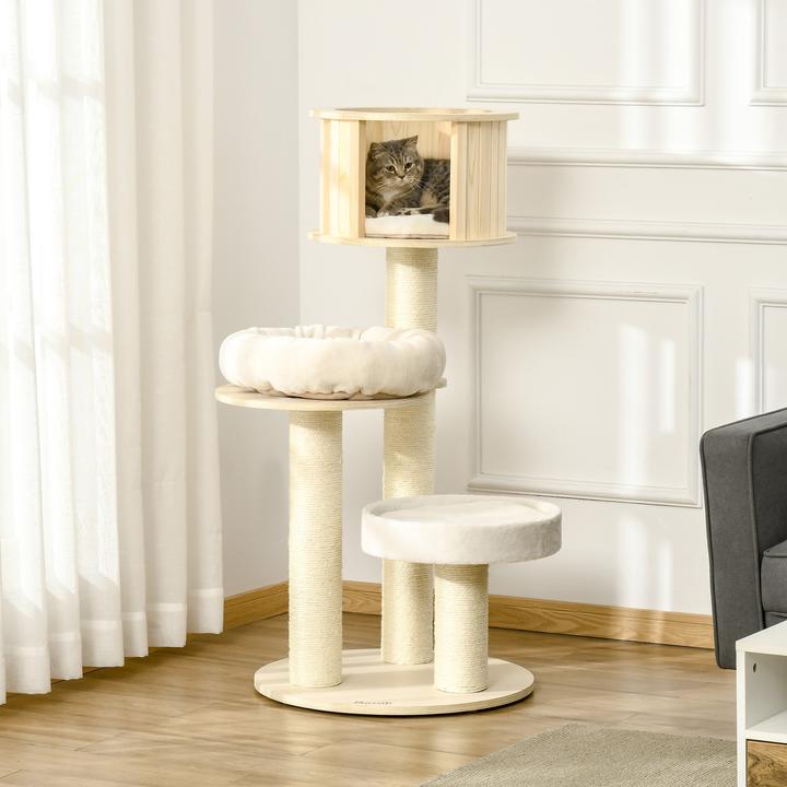 Produktbild PawHut Kratzbaum mit drei Ebenen (122 cm, Natur+Creme)