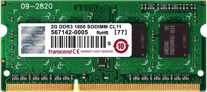 Produktbild Transcend SODIMM DDR3 1600Mhz 2GB Non-ECC SRx8 CL11 (1 x 2GB, 1600 MHz, DDR3-RAM, SO-DIMM)