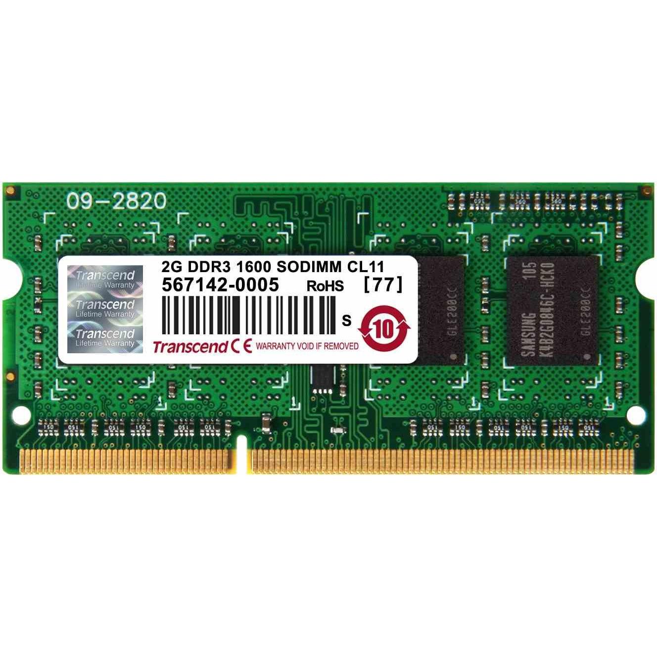 Transcend SODIMM DDR3 1600Mhz 2GB Non-ECC SRx8 CL11 (1 x 2GB, 1600 MHz, DDR3-RAM, SO-DIMM), Memoria RAM