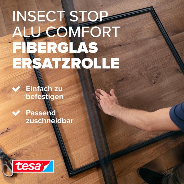 Produktbild tesa Insektenschutz Alu COMFORT Ersatzrolle aus Fiberglas-Gewebe, für Fenster & Türen, ohne Bohren (120 x 250 cm)