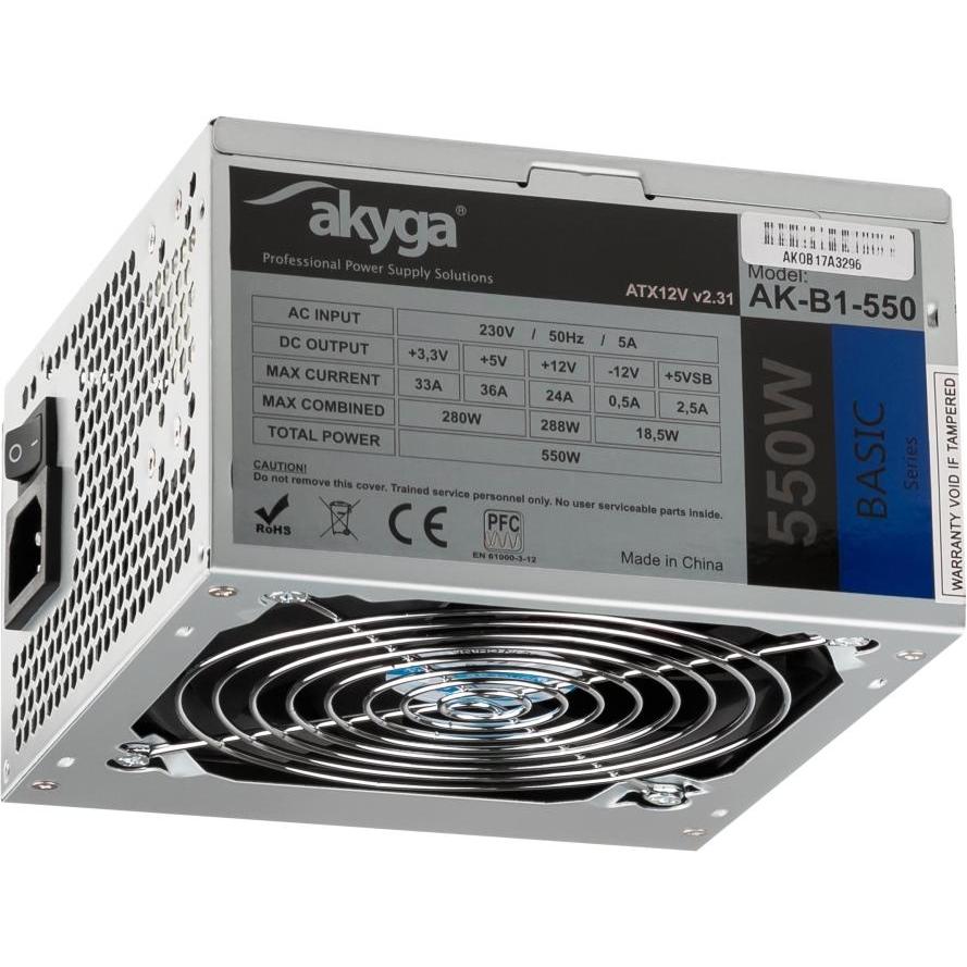 Akyga Basic ATX Power Supply 550W AK-B1-550 Fan12cm P4 3xSATA PCI-E (550 W), PC Netzteil, Grau