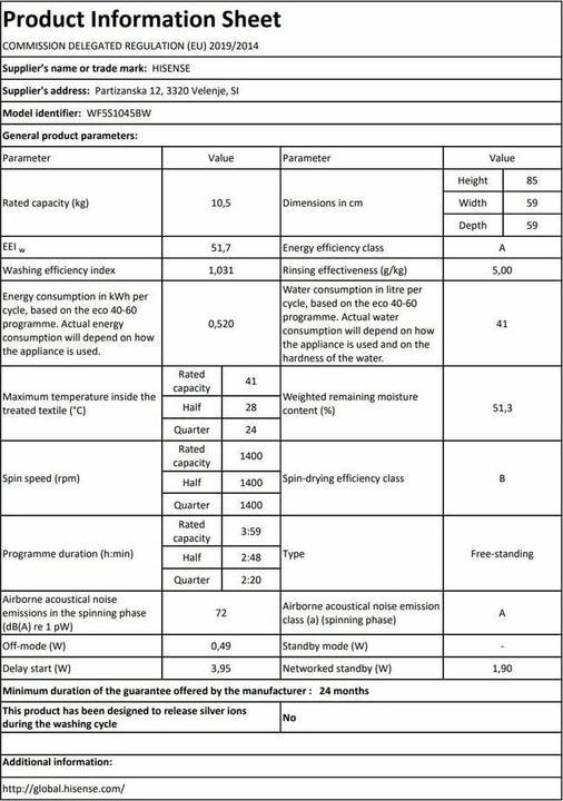 Actual product image Hisense WF5S1045BW (10.50 kg, Left)