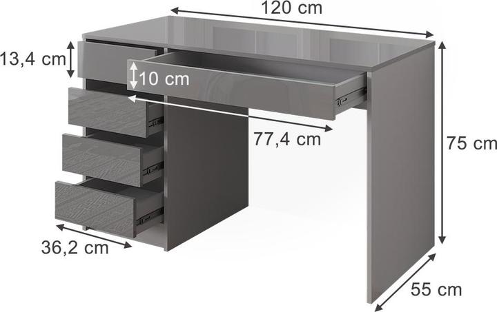 Produktbild Vicco Schreibtisch Sherry, Grau Hochglanz, 55 x 120 cm mit Schubladen (120 x 55 x 75 cm)