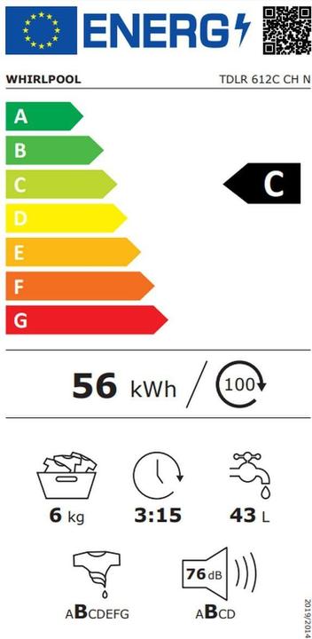 Etichetta energetica Whirlpool TDLR 612C CH N (6 kg, Verso l'alto, Spina CH)