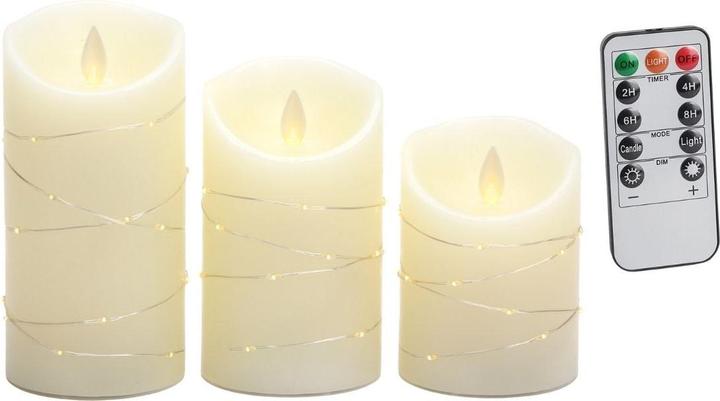 Hermex 3er-Set LED Echtwachskerze mit Lichterkette Elektronische Stumpenkerze (3x)