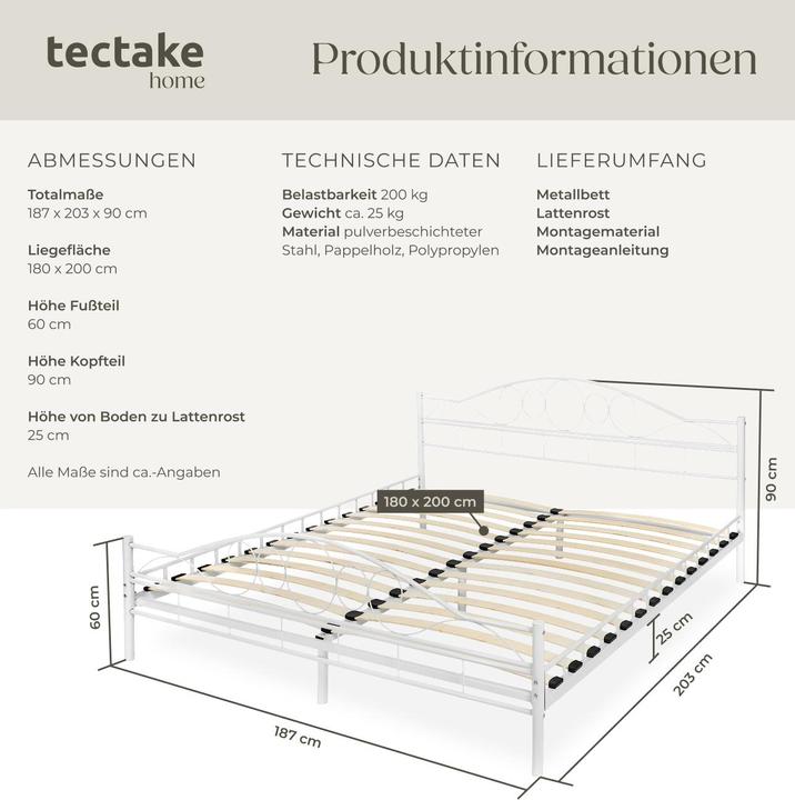 Produktbild tectake Metallbett (200 x 180 cm)