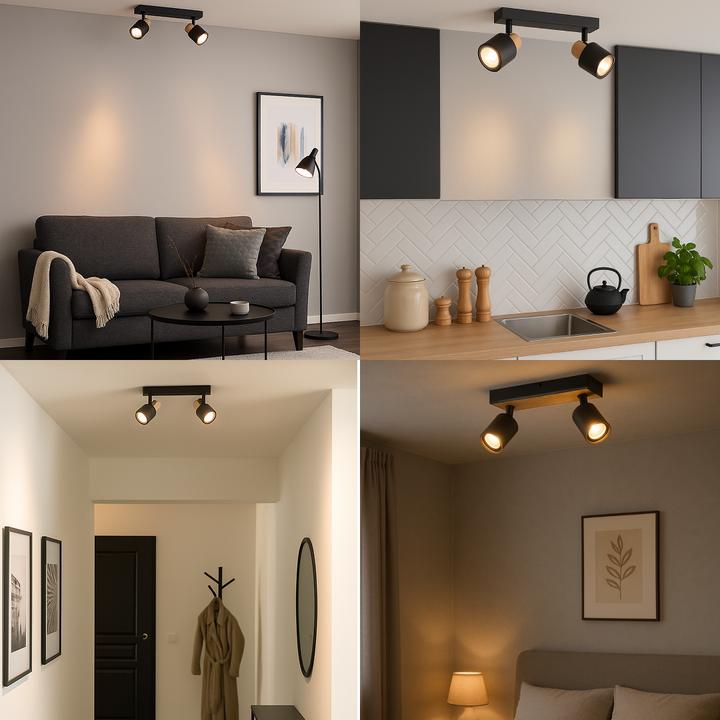 Image du produit Brilliant Spot de plafond Pini barre de spots, 2x GU10, 58 cm, orientable, métal/bois, noir/marron (GU10)