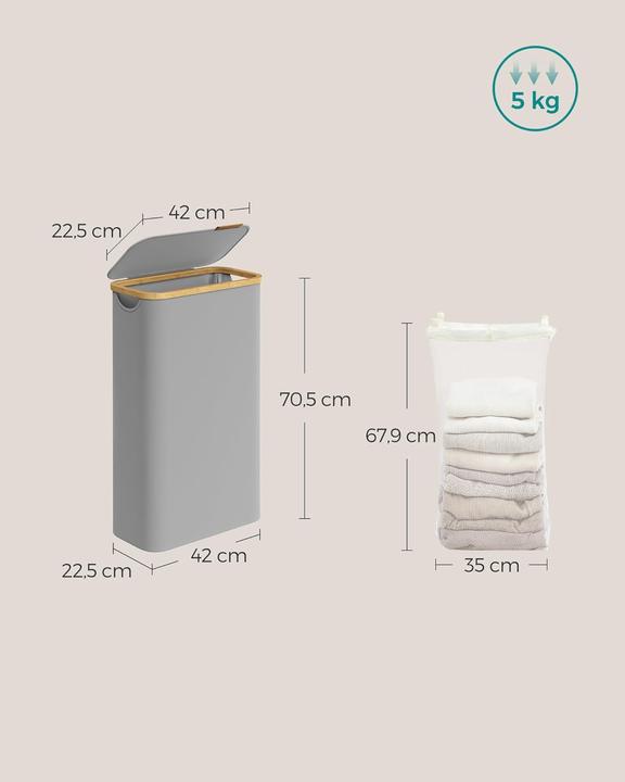 Produktbild Songmics Wäschekorb zusammenklappbar mit Bambusgriffen taubengrau (65 l)