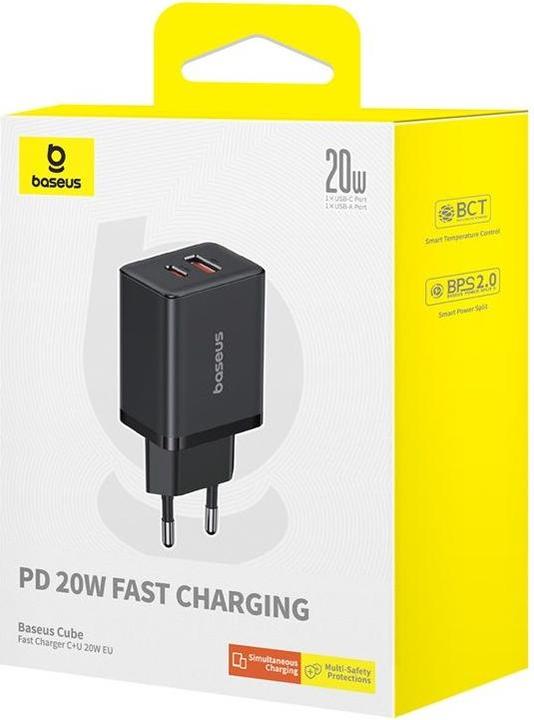 Image du produit Baseus Cube, 20W, 3A, 1 x USB-A - 1 x USB-C, noir (20 W)