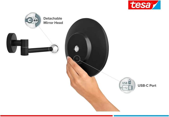 Produktbild tesa VISIOON LED-Kosmetikspiegel mit Beleuchtung, 5-fach-Vergröss. - Wandmontage ohne Bohren, Schwarz