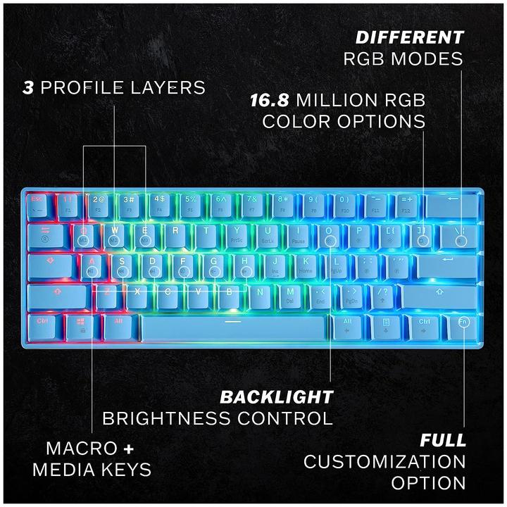 Productafbeelding HK Gaming Toetsenbord GK61 RGB Blauw met Gateron Mechanische Zwarte Schakelaars (mini 60% VS Layout) (DE)