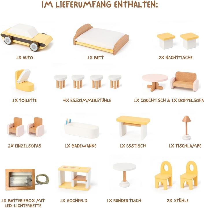 Image du produit Hermex 21-tlg. Holz-Puppenhaus mit Zubehör Spielhaus Kinderspielzeug Haus