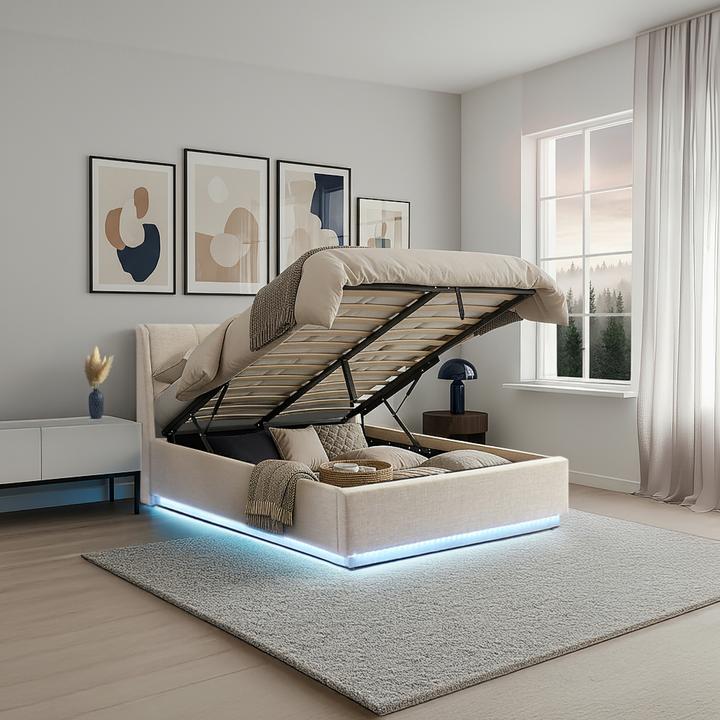 Produktbild En.Casa LED Polsterbett Tröstiar mit Matratze 160x200cm Beige