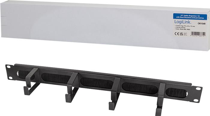 Actual product image LogiLink 19" cable management panel with 4 steel brackets and brush strip, black