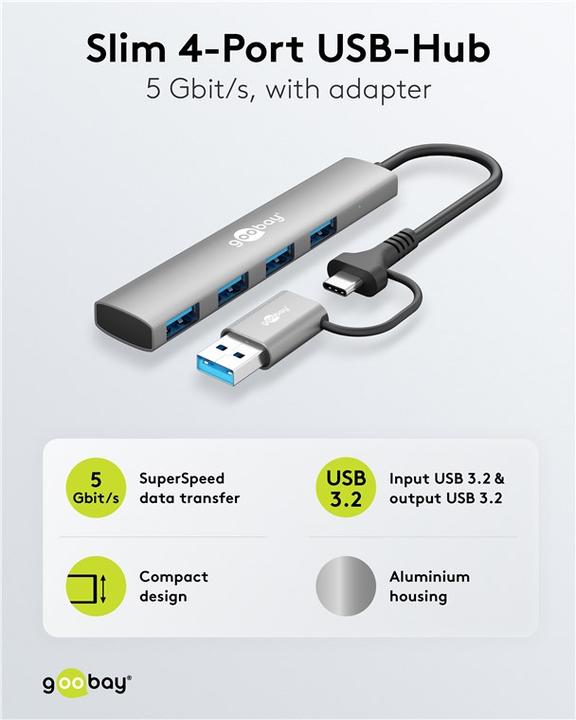 Actual product image Goobay 2in1 Slim 4-Port USB-Hub, 5 Gbit/s (USB-A, USB-C, 4 ports)