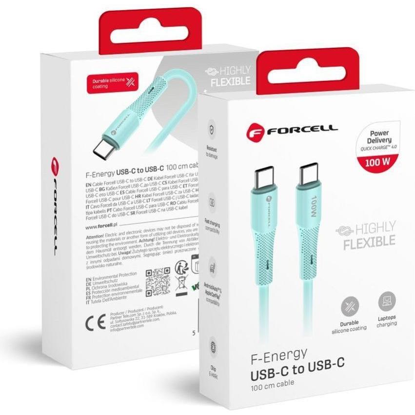 Forcell Cable F-ENERGY C347 cable Type C to Type C QC4.0 PD 5A 100W Silicone 1 m blue (1 m, USB 2.0, 100 W), Cavo USB