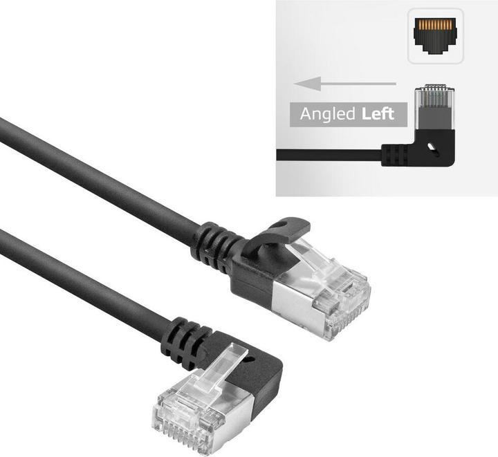 Productafbeelding ACT Zwart 0,5 m U/FTP CAT6A LSZH Slimline patchkabel met RJ45-connectoren 90° schuin links naar recht (U/FTP, CAT6a, 0.50 m)
