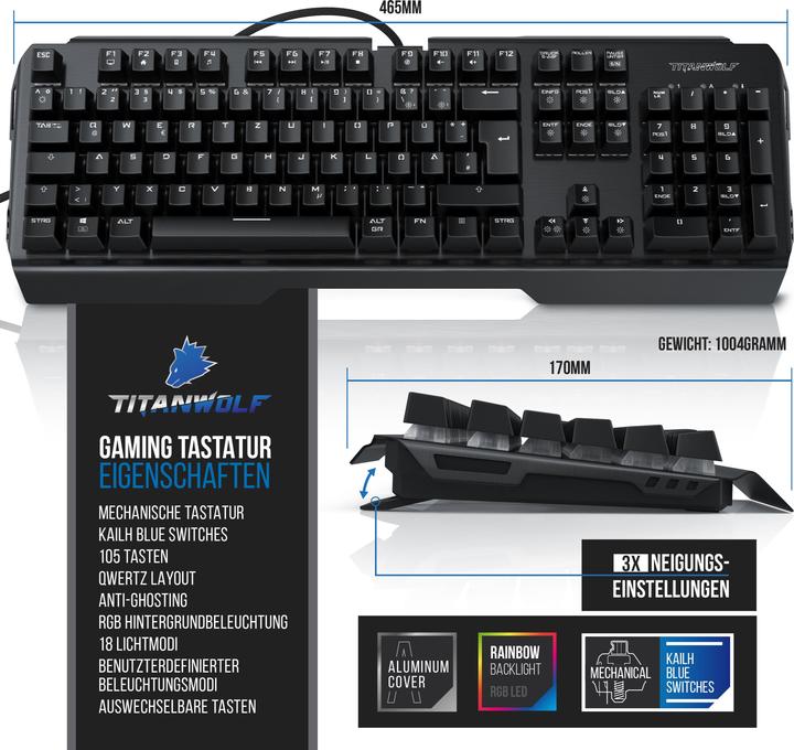 Produktbild Titanwolf Tastatur-, Maus- und Mauspad-Set, Mechanisches Keyboard, Mouse & XL Mousepad Gaming Bundle (DE, Kabelgebunden)