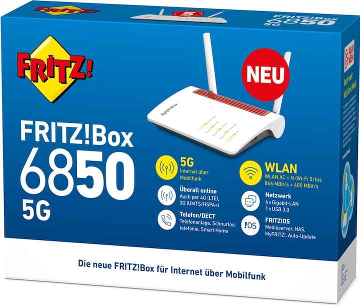 Productafbeelding AVM FRITZ!Box 6850 5G WLAN Router Gigabit Ethernet Dual-Band (2.4 GHz/5 GHz) 3G 4G