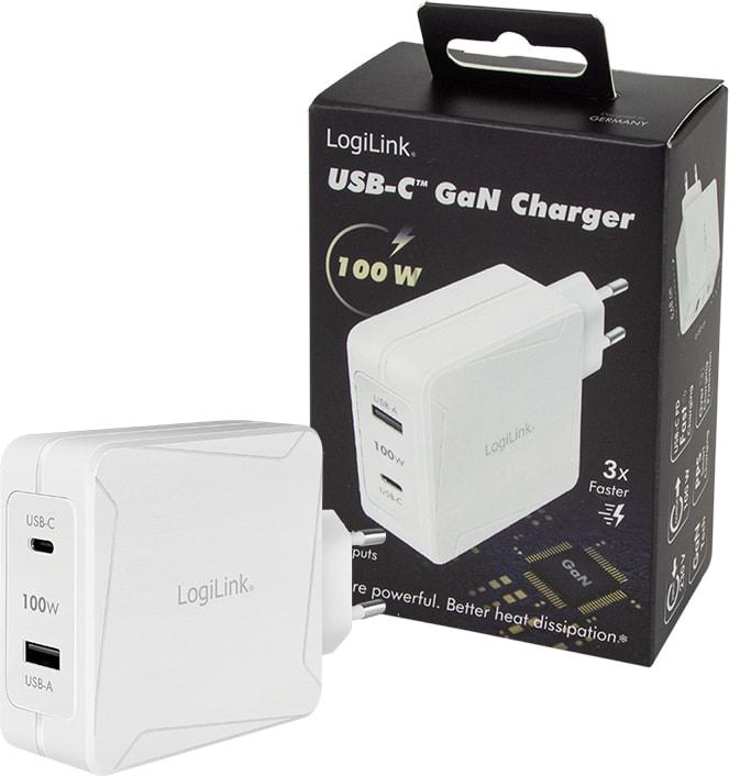 Productafbeelding LogiLink USB-contactdoosadapter, 1x USB-C (PD) & 1x USB-A, GaN, 100 W (100 W, 2 ports)