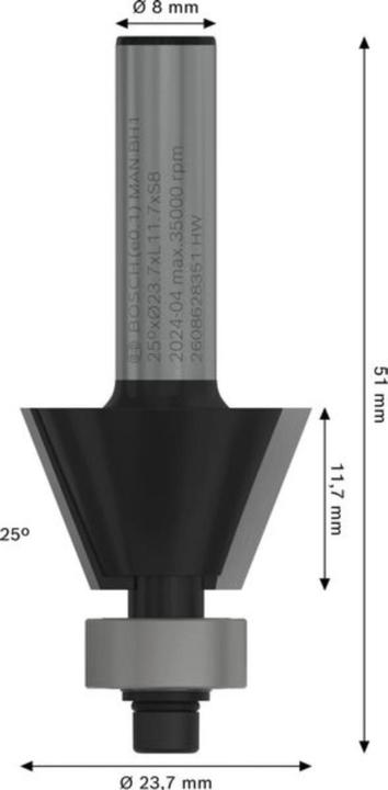 Produktbild Bosch Professional Zubehör Laminat-Bündigfräser, 8 mm, D1 23,7 mm, B 5,5 mm, L 12 mm, G 54 mm, 25°