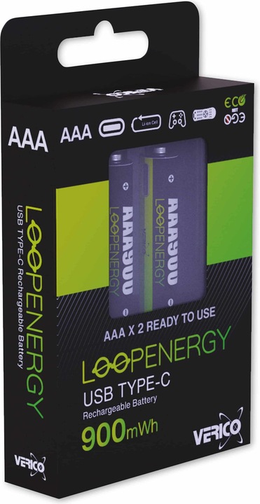 Actual product image Verico LoopEnergy Li-Ion battery AAA900, USB-C, 2-pack retail (2 pcs., AAA, 600 mAh)