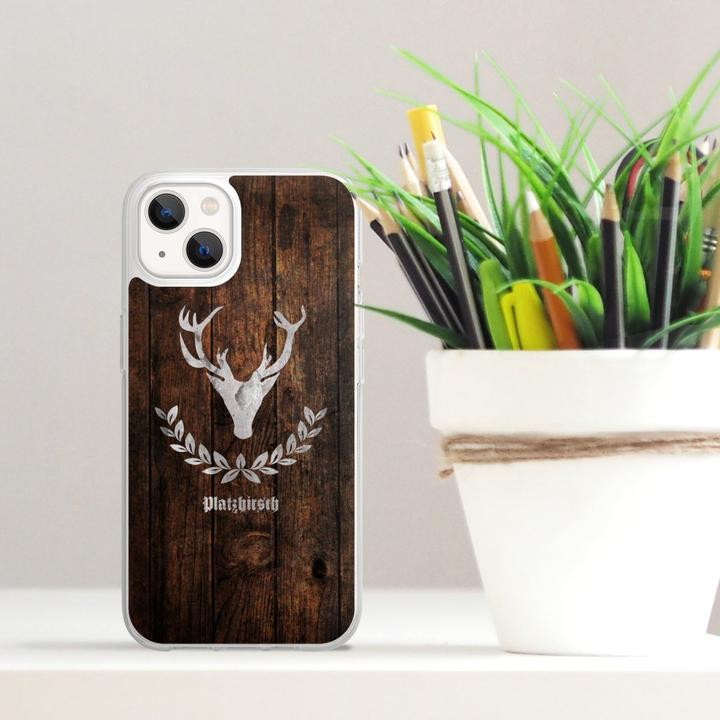 Produktbild DeinDesign Silikon Hülle für Apple iPhone 13 Handyhülle Case Smartphone Schutzhülle Hirsch Holz Holzoptik (Apple iPhone 13)