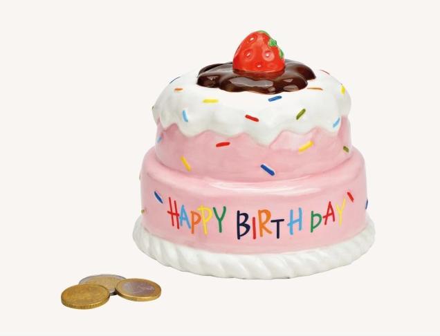 G. Wurm Salvadanaio per torte, Happy Birthday in ceramica rosa/rosa (L/H/D) 12x12x12cm (12 x 12 x 12 cm)