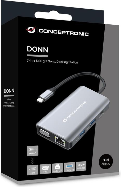Produktbild Conceptronic Dock USB-C->HDMI,VGA,GbE,3xUSB3.0,100WPD 0.25m (USB-C)