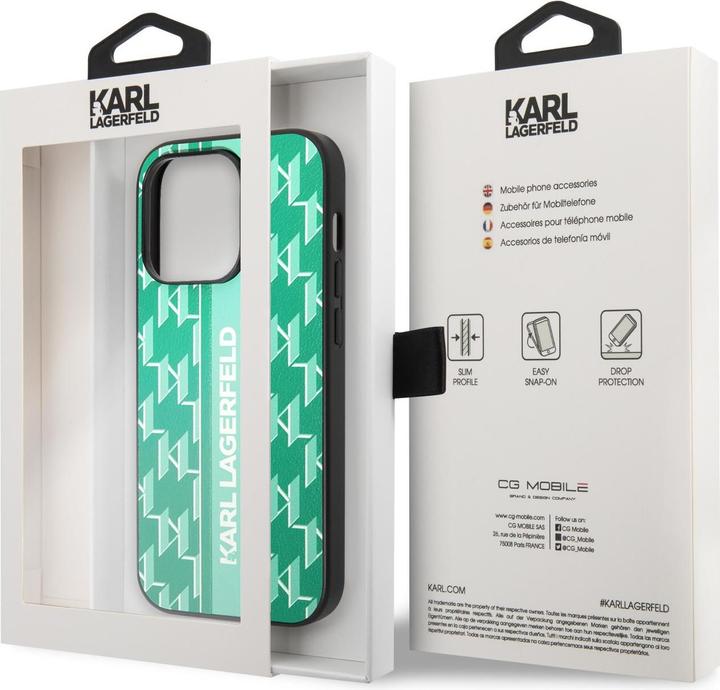Actual product image Karl Lagerfeld KLHCP14LPGKLSKN iPhone 14 Pro 6.1" hardcase zielony/green Monogram Stripe (Apple iPhone 14 Pro)