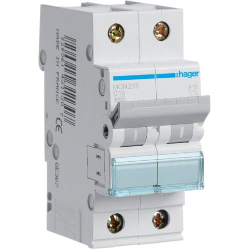 Hager, Schutzschalter, MCN216. Anzahl der Pole: 2P. AC Eingangsfrequenz: 50/60 Hz, Nominale Stromabgabe: 16 A. Breite: 3...