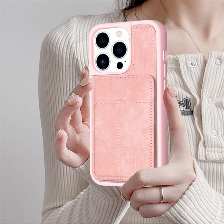 Actual product image Cover-Discount iPhone 15 Pro - Kickstand Case with card slots pink (Apple iPhone 15 Pro)