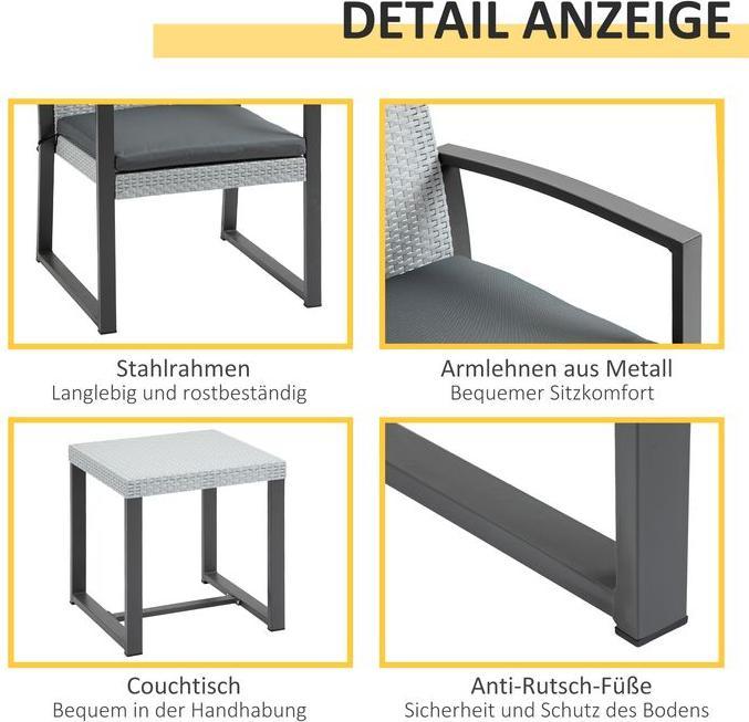 Produktbild Swisshandel24 Rattan Sitzgruppe mit Esstisch, für 2 Personen, 3-tlg., Stahl, Polyester, 58cmx58cmx84cm, Schwarz+Gr (44 cm)