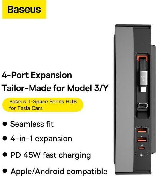 Energie-Label Baseus T-Space Series USB-HUB für Tesla Model 3 / Y mit integriertem 45-W-USB-C-Kabel – Schwarz