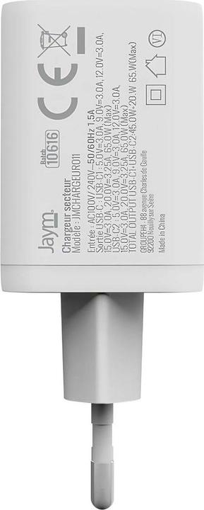 Produktbild Jaym CHARGEUR SECTEUR RAPIDE 2 USB-C GAN 65W PD-PPS (USB-C 20W/65W + USB-C 45W/65W) BLANC - ® (65 W, 2 Ports)