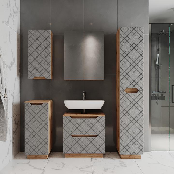 Produktbild Vicco Badmöbel-Set Lotta, Eiche/Grau mit Kachelstruktur, 3 Teile