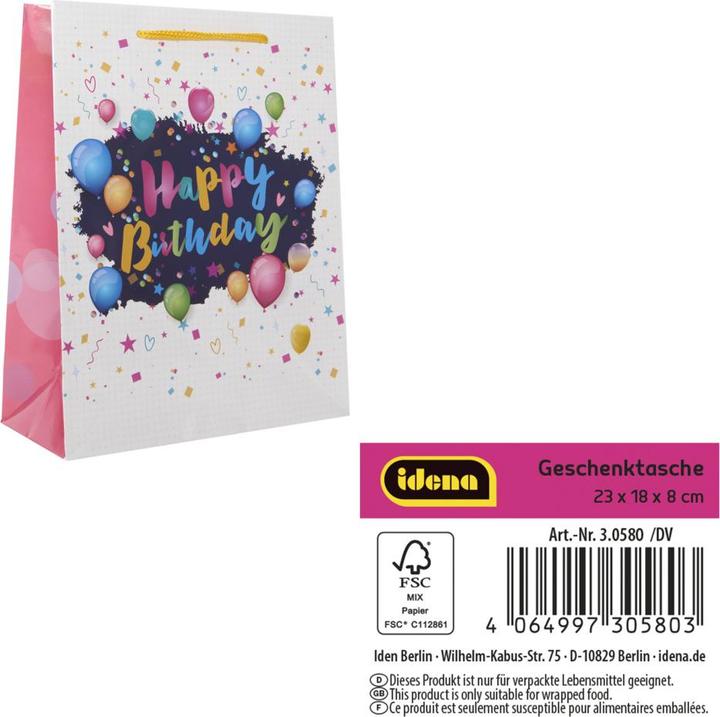 Produktbild Idena Geschenktasche Happy Birthday Ballons Kupferpapier 128g/m² 18x23x8cm (1x)