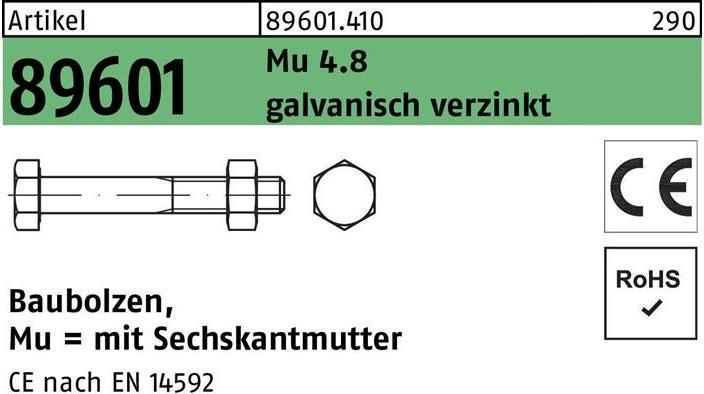 Produktbild Baubolzen R 89601 CE 6-kantmutter M 12 x 100 Mu 4.8 galvanisch verzinkt (M12)