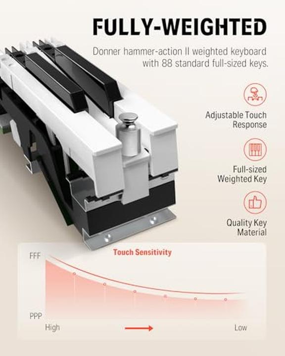 Produktbild Donner Digitales Klavier mit 88 gewichteten Tasten, Hammer-Mechanik, USB-MIDI und Stereo-Lautsprechern (88 Tasten)